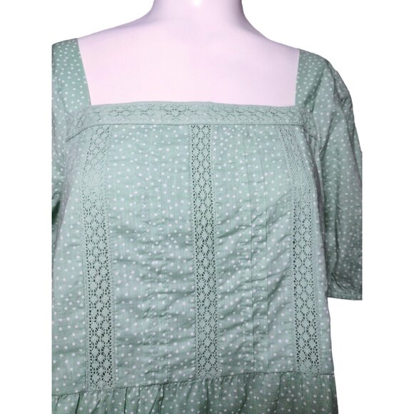 Ann Taylor Loft Polka Dot Lagenlook Top Size M Crotchet Lace Trim Peasant Green - Picture 2 of 7